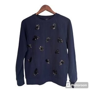J Crew Women’s Sweater Blue Black Sequin Hearts Pullover Long Sleeve Small